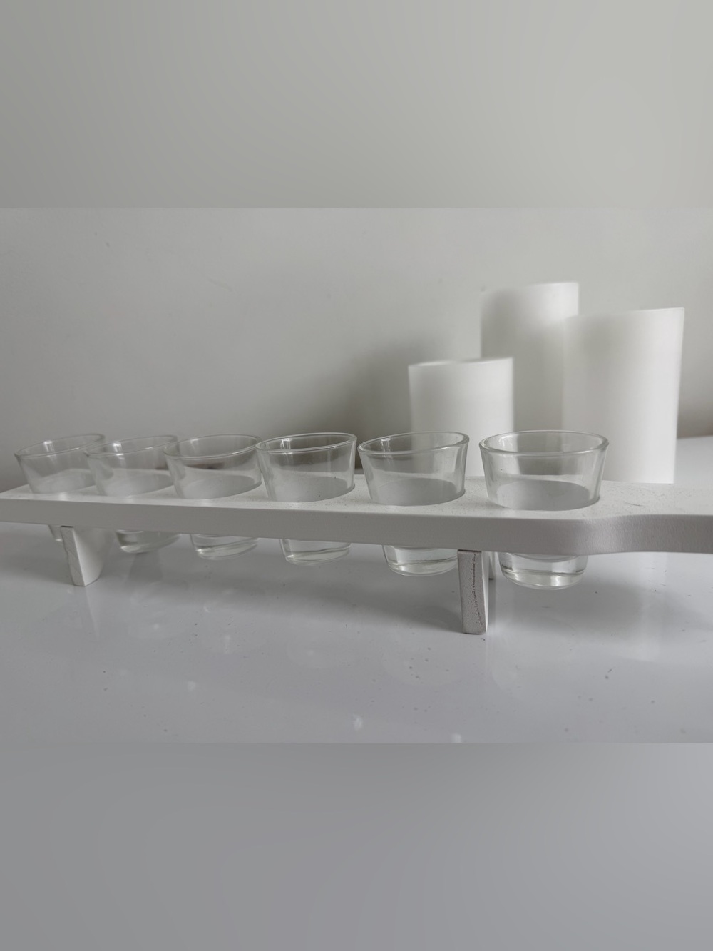 6-Piece Shot Glass Flight Set with White Wooden Serving Tray Paddle Board